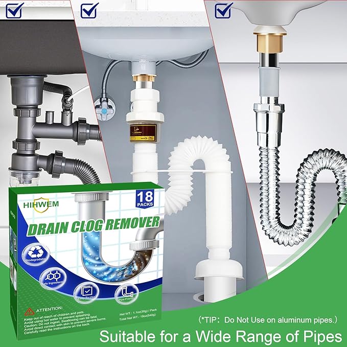 Drain Clog Remover Powder Sink Drain Cleaner for Hair and Grease, 18-Packs Heavy-Duty Powerful Kitchen Sink and Shower Unclogger, Pipe-Safe