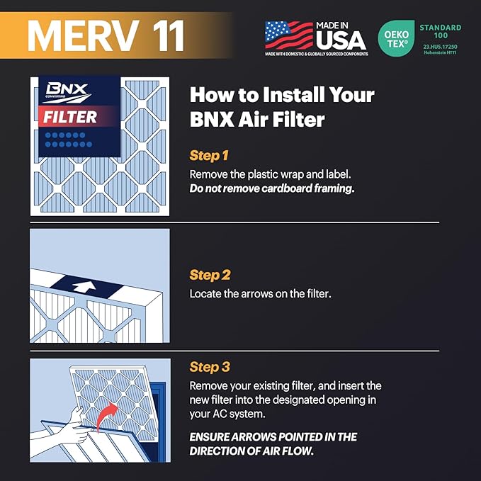 BNX TruFilter 14x24x1 Air Filter MERV 11 (6-Pack) - MADE IN USA - Allergen Defense Electrostatic Pleated Air Conditioner HVAC AC Furnace Filters for Allergies, Dust, Pet, Smoke, Allergy MPR 1200 FPR 7