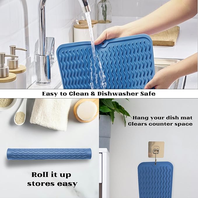 ZLR Silicone Dish Drying Mat 12" x 12" Square - Small Heat Resistant Trivet & Countertop Protector for Air Fryer, Coffee Maker - Waterproof Kitchen Drain Pad for Cups, Fruit (Lichen Blue)