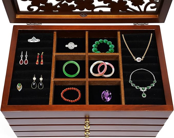 6-layer Jewelry Box Organizer,Lucky Four Leaf Clover Rustic Wooden Jewelry Boxes & Organizers,Jewelry Storage for Rings Earrings Necklaces Bracelets Christmas New Year Gift