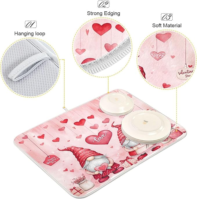 Valentine’s Day Gnomes Dish Drying Mat for Kitchen Countertop 18x24 Pink Love Heart Pink Large Drying Mat Reusable Quick Dry Dish Sink Mats Easy Clean Decorative Essentials