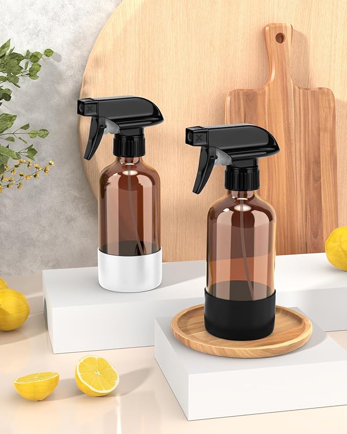 Bontip Glass Spray Bottle with Silicone Sleeve Protection, Amber Glass Spray Bottle Set for Window Cleaner Aromatherapy Facial Hydration Watering Flowers Hair Care 2 Pack/8 oz (Black & White)