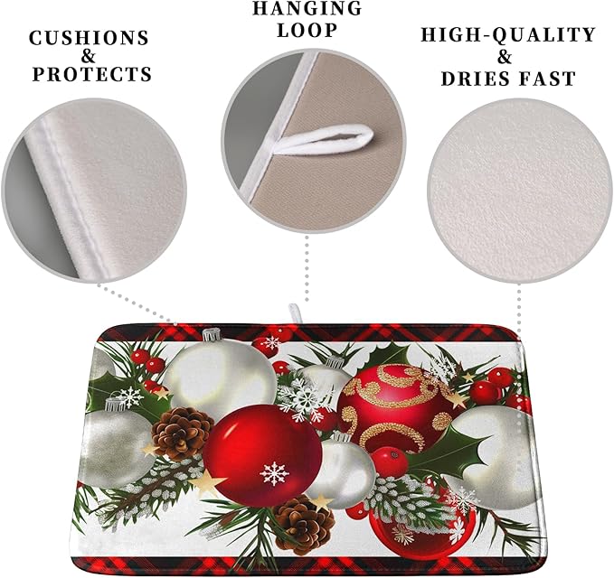 Kwlegh Christmas Red Buffalo Plaid Dish Drying Mat for Kitchen Counter 16x18 Inch Winter Xmas Ball Snowflake Pine Cones Dishes Drying Mat Microfibe Super Absorbent Dish Rack Pad for Coffee Bar Sinks