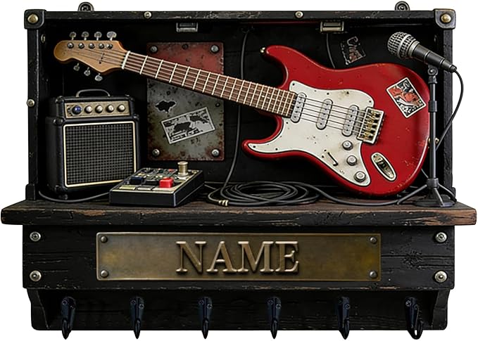 Custom 2D Flat Print Rock Guitar Key Storage Holder for Music Lover Family Friends Music Themed Wall Hooks Personalized Vintage Guitar Stand Name Key Rack Coat Holder for Culb Living Room Hallway