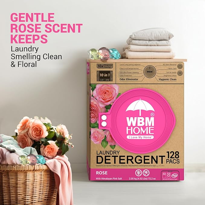 WBM 10-in-1 Laundry Pods, Total 128 Count, High Efficiency, Ultra Concentrate with Powerful Stain Lifter Technology, Fabric Softener With Rose Extracts, Detergent Pods