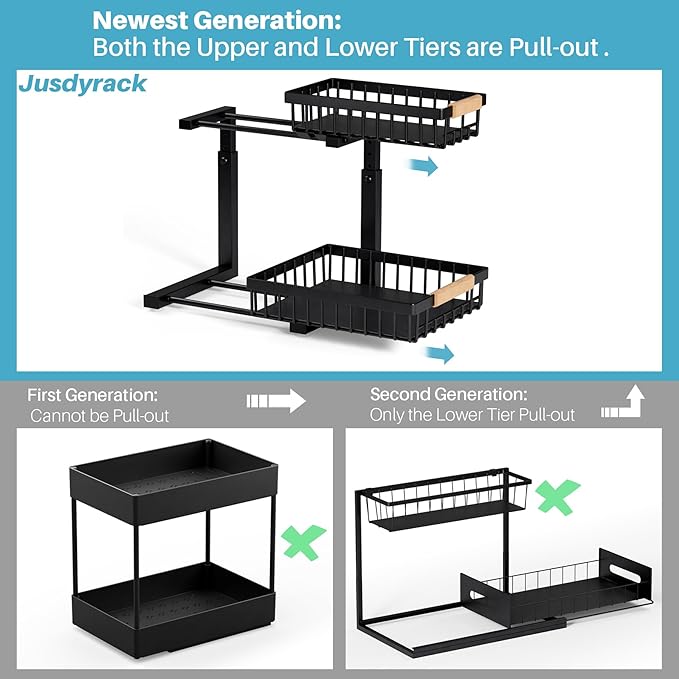 Jusdyrack 1 Packs 2 Tier Pull Out Cabinet Organizer Storage Shelf, Sliding Under Sink Organizers, Metal Drawer for Kitchen, Bathroom, Pantry Closet Organization Rack,Black