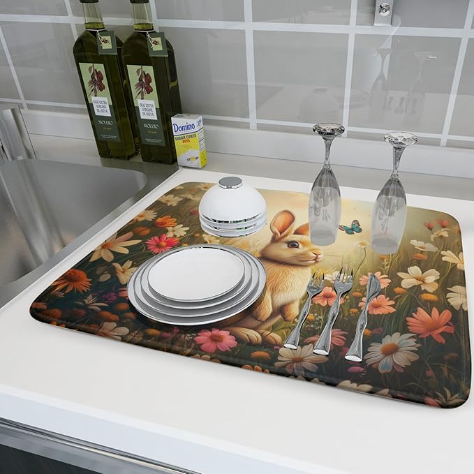 Giwawa Easter Bunny Dish Drying Mat Flower Butterfly Kitchen Drainer Mat 18x24 inch Absorbent Reversible Dish Rack Pad for Counter Tabletop Decor