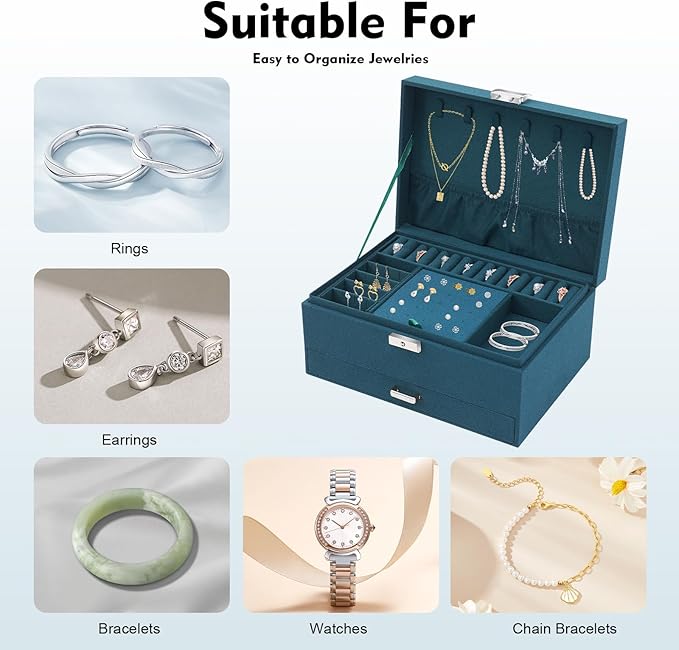 Jewelry Organizer Box with Lock,3-Layer Jewellery Storage Display Holder Case Flannel Travel Jewelry Storage Case Jewelry Display Drawer Case for Earrings Bracelets Rings Necklaces