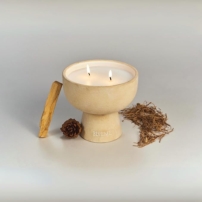 Blueme Spiritual Candle | Palo Santo & Vetiver | 2 Wick - Refillable Wellness Candle with Essential Oils, Hand Finished & Poured Soy Wax Blend Ceramic Vessel, Natural Cotton Wicks | Medium 12 oz