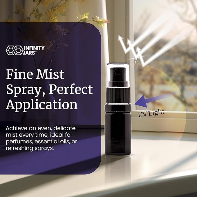 Infinity Jars 15 Ml (.5 fl oz) Black Ultraviolet Glass Fine Mist Spray Bottle Cleaning Products Refillable Containers Homemade Perfume Blends Room, Sprays Bath Beauty Hair, Screw Top Bottles