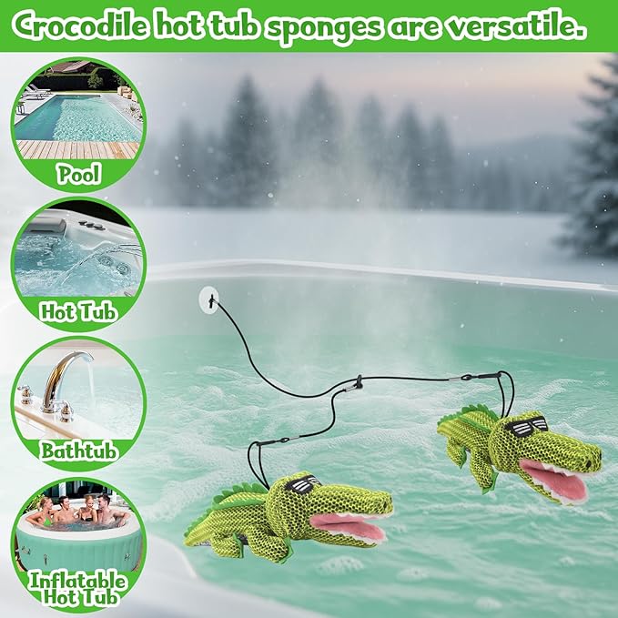 Crocodile Hot Tub Scum Absorber Reusable Washable Hot Tub Sponge Scum Absorber for Spa Hot Tub Oil Scum Absorber Hot Tub Accessories for Adults (2 Pack, Crocodile)