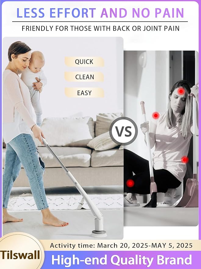 Tilswall Cordless Electric Spin Scrubber - IPX7 Waterproof Cleaning Brush with 180Min Runtime & 43" Extendable Handle, Ideal Gift for Home/Bathroom/Car (Includes 4 Brush Heads)