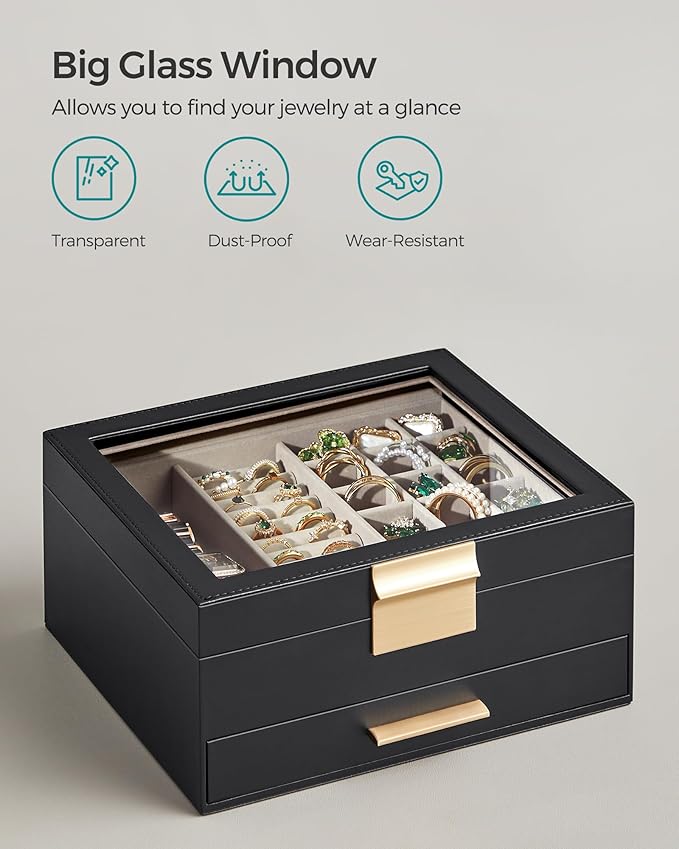 SONGMICS Jewelry Box Organizer with Glass Lid, 2-Layer Jewelry Storage, with 1 Drawer, Modern Style, 8 x 9.1 x 4.1 Inches, Graphite Black and Gold Color UJBC174B01