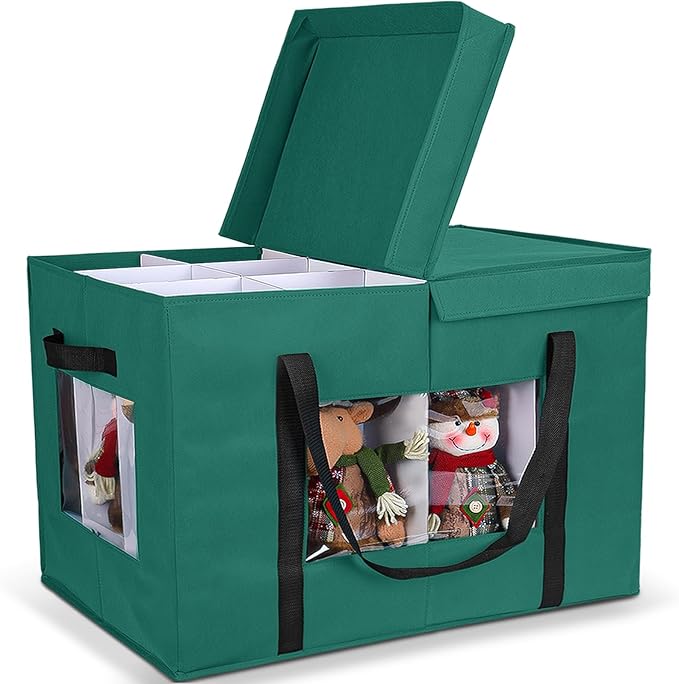 Christmas Figurine Storage Box, 24”x18”x15” Ornament Storage Box, 2025 UpgradeNutcracker Storage Box, Figurine Storage with Dividers, Adjustable Extent Area for Figurines and Pocket, Green