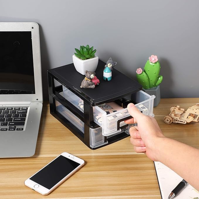 Wakauto 2-Tier Clear Desktop Organizer with Drawers -Stackable Storage Box for Makeup,Office Supplies & Crafts,Modern Black Frame and Transparent Design 8.4"X5.9" X 5.1"