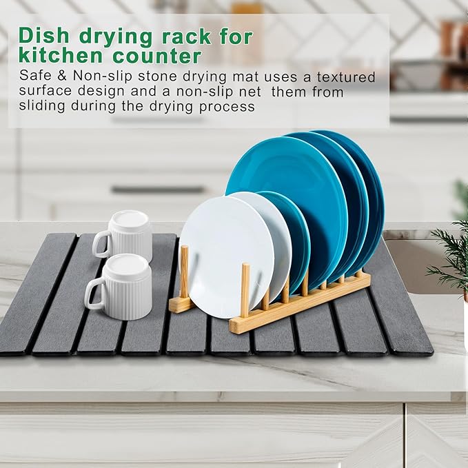 Stone Drying Mat for Kitchen Counter, Large Foldable Diatomaceous Earth Dish Drying Rack, Absorbent Diatomaceous Quick Dry Stone Mat Kitchen Dishes Bottles Cups Bathroom Any Countertop 24"(L)×16"(W)