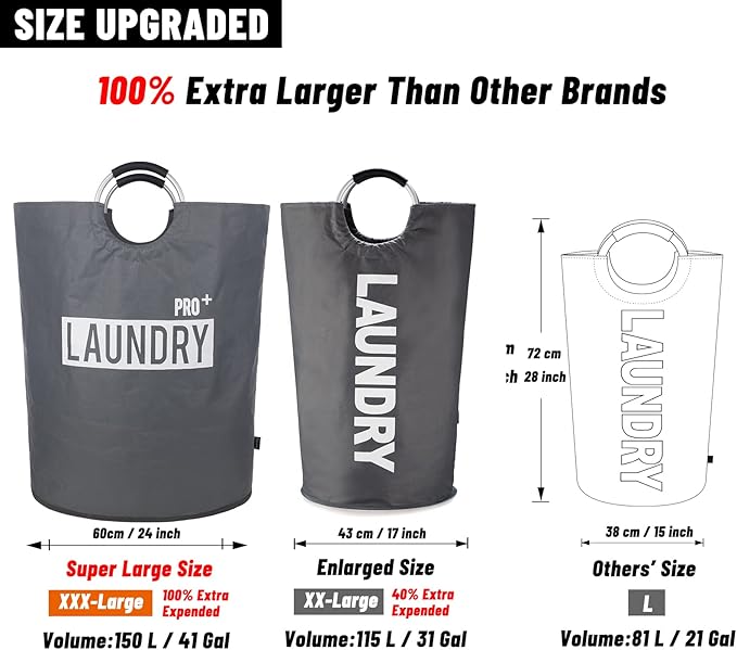 Caroeas Super Large 150L Laundry Basket Pro, Waterproof Laundry Hamper, Collapsible Laundry Basket Easy Storage, Clothes Hamper Stands Up Well, Laundry Bag with Padded Handles (Dark Grey)