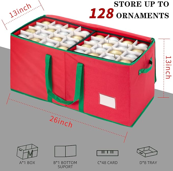 JY COOKMENT Christmas Ornament Storage Box with Adjustable Dividers and Side Pockets, Large Ornaments Storage Container Bin with Zippered Top for Xmas Decorations (128-3" Balls, Red, With Tray)