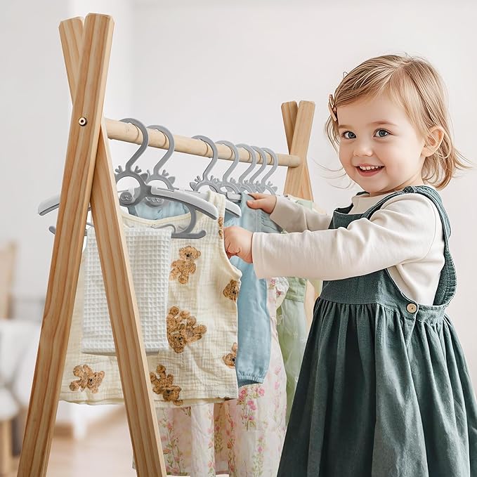 Kids Hangers 30PCS, 11"-14" Extendable and Stackable Baby Hangers, 45g Ultra-Thick Space Saving Non-Slip Plastic Hanger for Infant, Toddler and Nursery Closet (Gray-White-30)