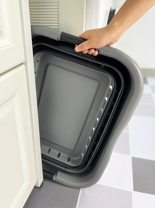 SAMMART 41L (10.8 gallon) Set of 2 Collapsible 3 Handled Plastic Laundry Basket-Foldable Pop Up Storage Container/Organizer-Portable Washing Tub-Space Saving Hamper/Basket (2, Grey/Black)