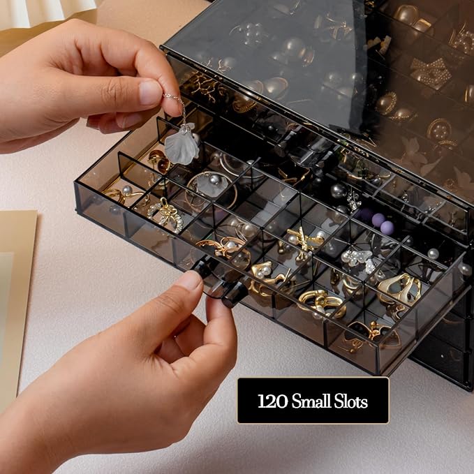 SPAKOWN Earring Organizer, Acrylic Jewelry Holder Organizer with 5 Drawers Stackable Earring Storage Case Jewelry Boxes for Women (Gray)