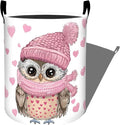 Cute Owl in Pink Hat with Heart Pattern Laundry Basket with Handles, 19.7"x15.7" Clothes Foldable Laundry Hamper Organizer for Dorm Nursery Bedroom Bathroom Decor, Toy Storage Bin for Kids