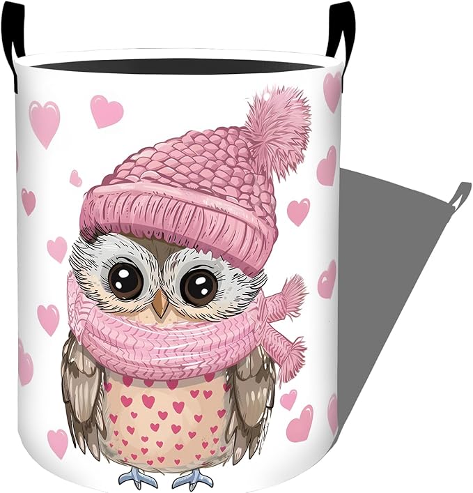 Cute Owl in Pink Hat with Heart Pattern Laundry Basket with Handles, 19.7"x15.7" Clothes Foldable Laundry Hamper Organizer for Dorm Nursery Bedroom Bathroom Decor, Toy Storage Bin for Kids