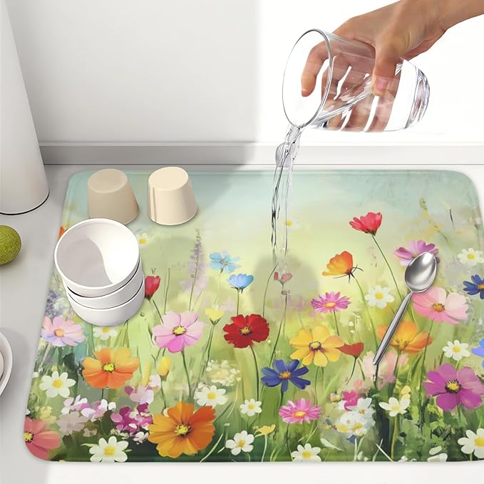 ABSOP Spring Summer Daisy Dish Drying Mat 18 x 24 Inch Colourful Floral Pattern Dish Drainer Rack Mat Absorbent Microfiber Mats Holiday Dish Pad for Kitchen Coffee Dining Bar Decor