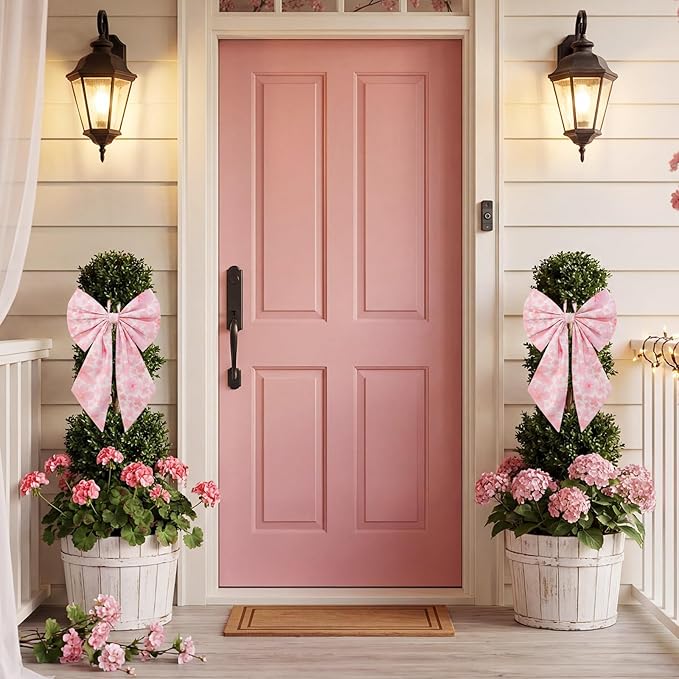 2 Pcs Spring Cherry Blossoms Wreath Bows 19.6'' x 11.8'' Large Tree Topper Pink Ornament Rustic Burlap Wreath Sash for Front Door Spring Party Yard Doorway Indoor Outdoor Wall Decor