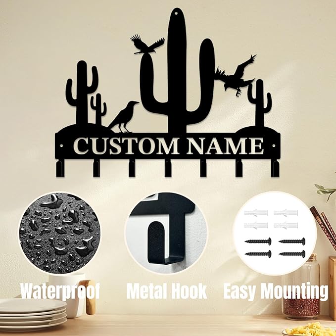 Personalized Custom Name Cactus Wall Keys Hooks,Metal Cactus Art Clothes Hooks,Metal Cactus Lover Wall Home Storage Decorative,For Front Door, Hallway, Kitchen, Bedroom,Keys,Hats (Style H)
