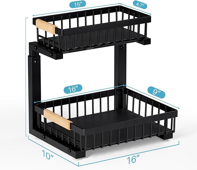 Jusdyrack 1 Packs 2 Tier Pull Out Cabinet Organizer Storage Shelf, Sliding Under Sink Organizers, Metal Drawer for Kitchen, Bathroom, Pantry Closet Organization Rack,Black
