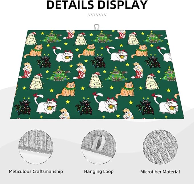 Cute Christmas Cat Dish Drying Mat 18 x 24 Inch for Kitchen Counter Cute Kitchen Mat Microfiber Kitchen Countertop Absorbent Reversible Drainer Rack Pad Dish Drying Mat