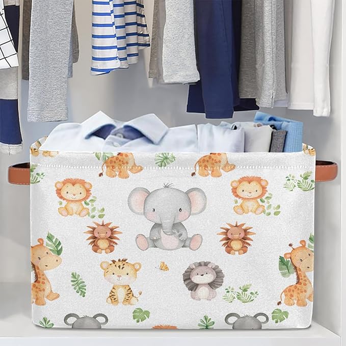 Cartoon Animal Storage Basket for Shelves, Storage Bins with Handles, Collapsible Basket for Organizing, Closet Toy Baskets for Nursery Room, 15x11x9.5 in, Canvas, Woodland Animals