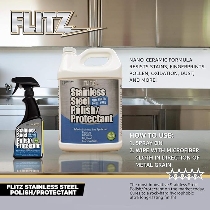Flitz Stainless Steel Polish Protectant - 16oz Bottle, USA-Made Ceramic Coating for Stainless Steel Appliances, Repels Fingerprints & Water Spots - Aluminum & Chrome Polish & Protectant (1 Pack)