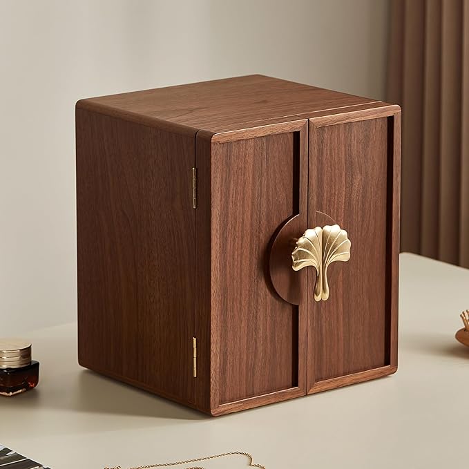 Wooden Jewelry Box 5 Layer Black Walnut Large Jewelry Organizer with Brass Handle for Necklaces Rings Earrings Watches Storage, Valentines Day Gifts for Her(7.9x8.7x10.0inches)