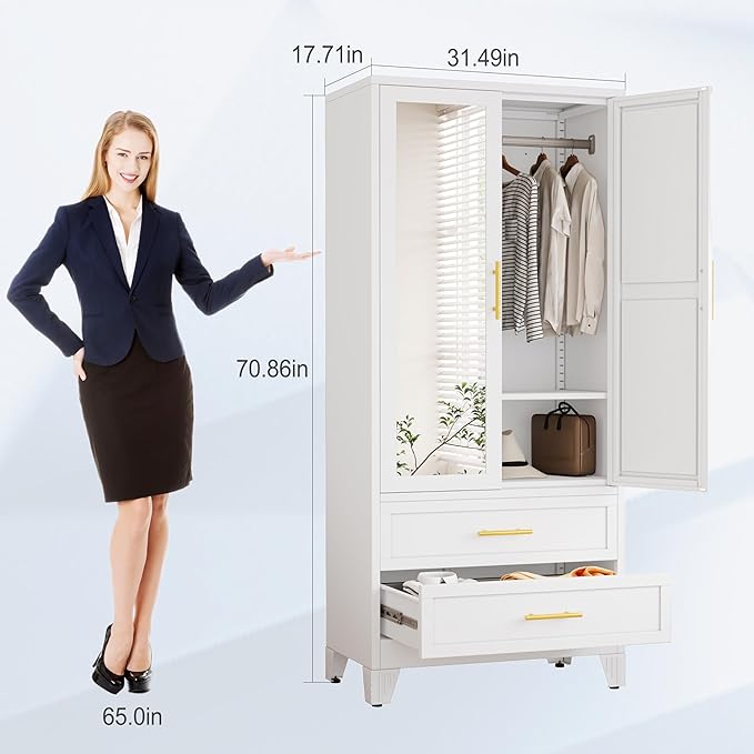 Metal Armoire Wardrobe Closet, 71 "Metal Clothing Storage Cabinet with Mirror and Adjustable Shelves, Household Steel Wardrobe Storage Cabinet with 2 Drawers and Hanging Rod(Armoire-White)