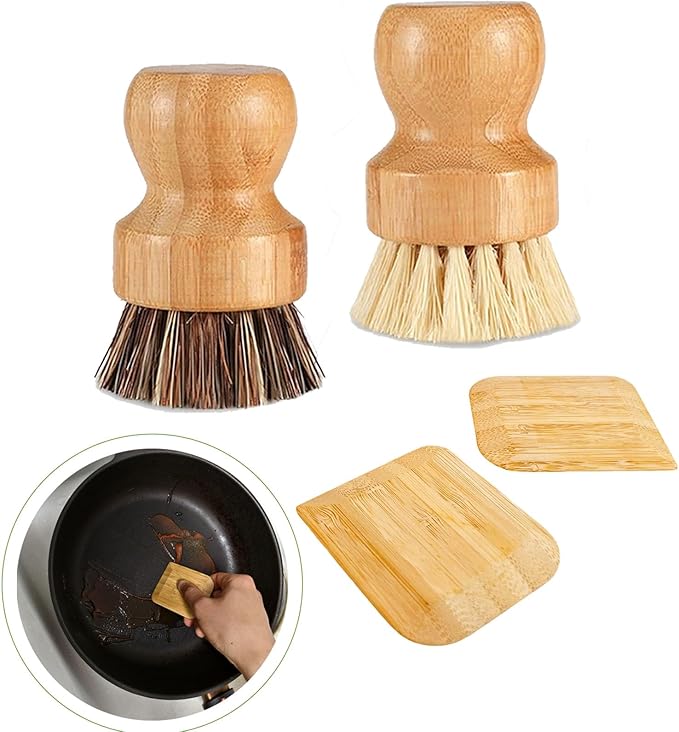 Bamboo Dish Scrub Brush with Bamboo Pan Scraper,Sisal Coconut Palm Round Brush,Effectively Use for Kitchen Pots, Bowls, Plates, Cutting Boards and Vegetables Cleaning Without Scratching