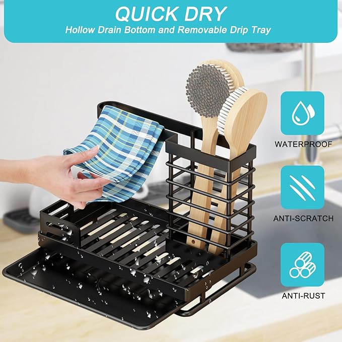 Sink Caddy, Kitchen Sink Organizer Sponge Holder, Kitchen Sink Accessories Stainless Steel Sponge Holder, Sink Brush Holder with Removable Drain Tray for Sponge Dish Brush Soap Scrubber Dishcloth