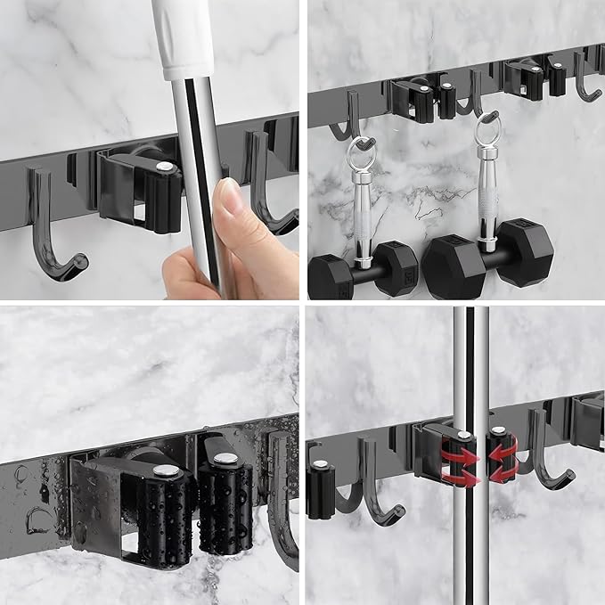 2 Packs 5 Racks and 4 Hooks Mop and Broom Holder Wall Mount, SUS304 Heavy Duty Broom Organizer Storage Tool Racks, Self Adhesive Solid Non-slip Tool Hangers for Home Kitchen Garden Laundry Garage