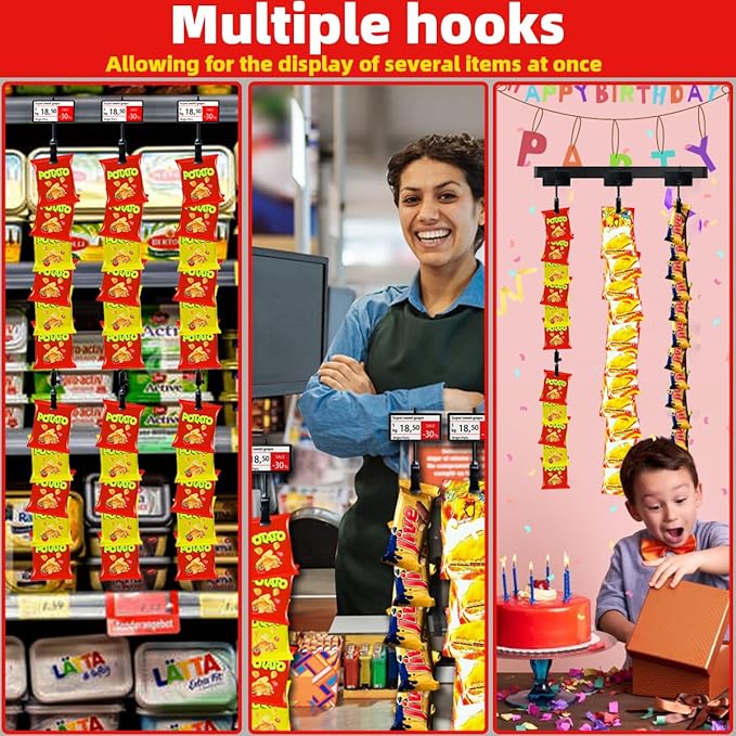 Hanging Merchandise Strips with Hooks Chip Display Rack Stands Potato Bag Holder 12 Clips for Retail Displaying Label Headers Greeting Card Party Vendors Snack Candy Portable Organizer Storage 6 Pack