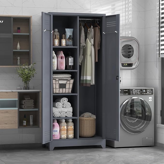 72.8" H Metal Garage Storage Cabinets, Metal Storage Cabinet with Hanging Rod & S-Hooks, Broom Closet Storage with Shelves, Functional Storage Cabinets for Garage, Warehouse, Grey