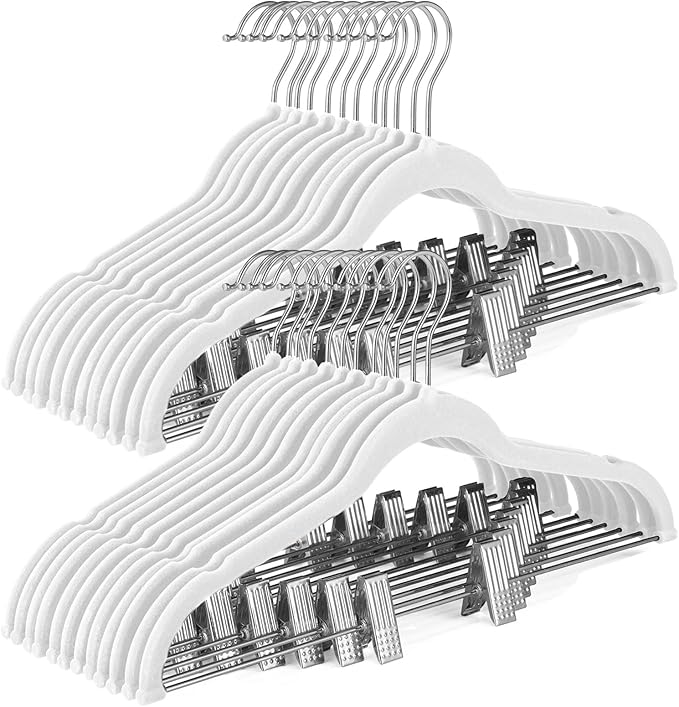HOUSE DAY Velvet Skirt Hangers 24 Pack, White Velvet Hanger with Adjustable Clips, Space Saving Slim Pant Hangers, Heavy Duty Non Slip Clip Hanger for Pants, Skirts, Shorts