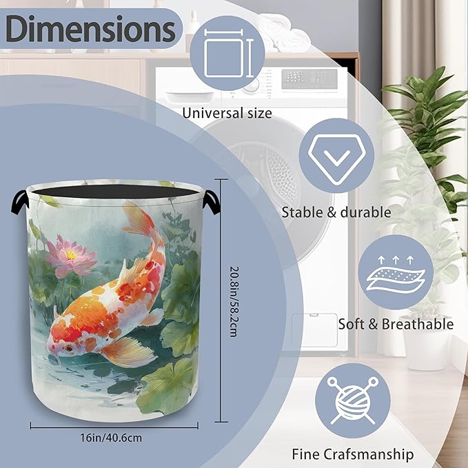 Goldfish Laundry Basket,Lotus Foldable Oxford Cloth Tote Bag Laundry Hamper Clothes Storage Bucket Organizer for Bedroom Laundry Storage Dormitories 16" x 20.8"
