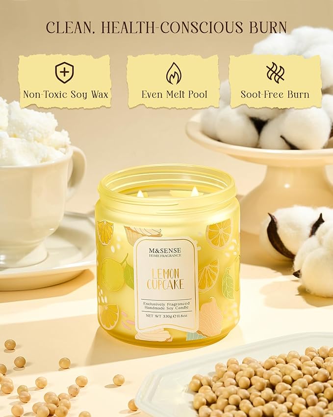 M&SENSE Lemon Vanilla Cupcake Scented Candle, 11.6oz Natural Soy Wax, 70 Hours Long Lasting Clean Burn, Citrus Vanilla Scents for Kitchen Freshness, Candle Gifts for Women Men, Warm Home Decor