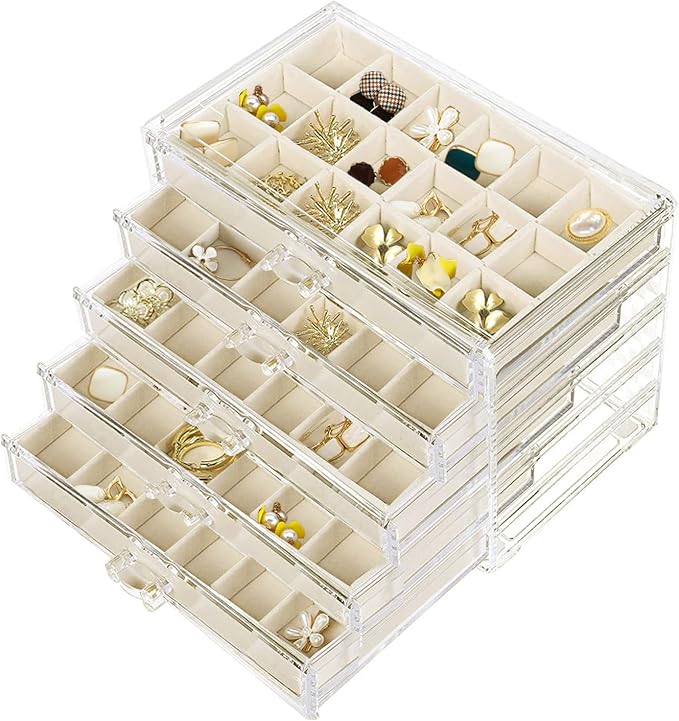 SPAKOWN Earring Organizer, Acrylic Jewelry Box with 5 Drawers, Clear Velvet Earring Storage Display Case with 90 Compartments for Women Girls (Beige)
