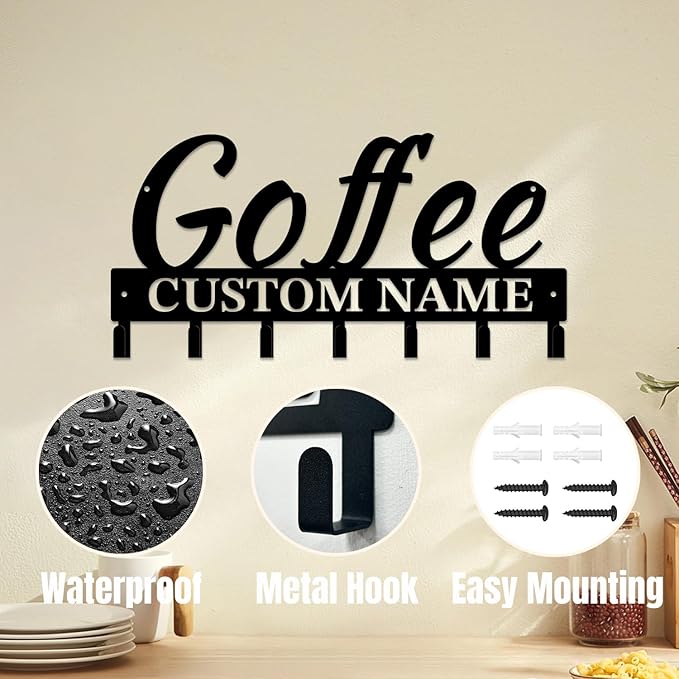 Personalized Custom Name Coffee Bar Wall Keys Hooks,Metal Coffee Shop Art Clothes Hooks,Metal Coffee Lover Wall Home Storage Decorative,For Front Door, Hallway, Kitchen, Bedroom,Keys,Hats (Style H)