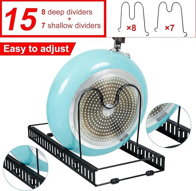 X-cosrack 15 Adjustable Dividers Pot and Pan Organizer Rack, 7" D x 32" W x 7.1" H, 3 in 1, Expandable Lid Bakeware Cupboard Rack Holder for Kitchen Cabinet Pantry Countertop, Black (Patent Pending)