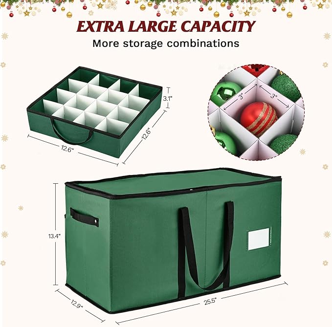 Christmas Ornament Storage Box, Ornament Storage Organizer Fits 128 of 3 inch Ornament Balls, 8 Removable Tray Ornaments Storage Containers with Dividers to Store Xmas Holiday Decor(Green)