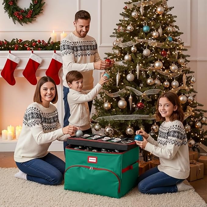 Christmas Nutcracker and Figurine Collectible Storage Box - Holds Up to 72 Ornaments 4” x 4” - Top Adjustable Compartments for Figurines, Nutcrackers, etc - Heavy Duty 600D/ Inside PVC Material, Green