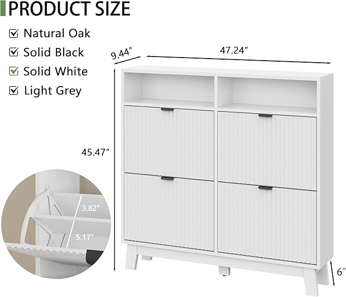 Shoe Cabinet with 4 Flip Drawers, 46" Tall Narrow Fluted Shoe Storage Organizer for Entryway, Hidden Slim Wooden Shoe Rack Cabinet for Front Door Entrance, Hallway, Living Room, Solid White